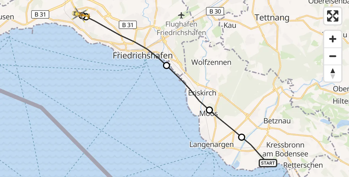 Flugroute Rettungshubschrauber Kressbronn am Bodensee - Friedrichshafen Hospital, 12 September 2026, 17:25