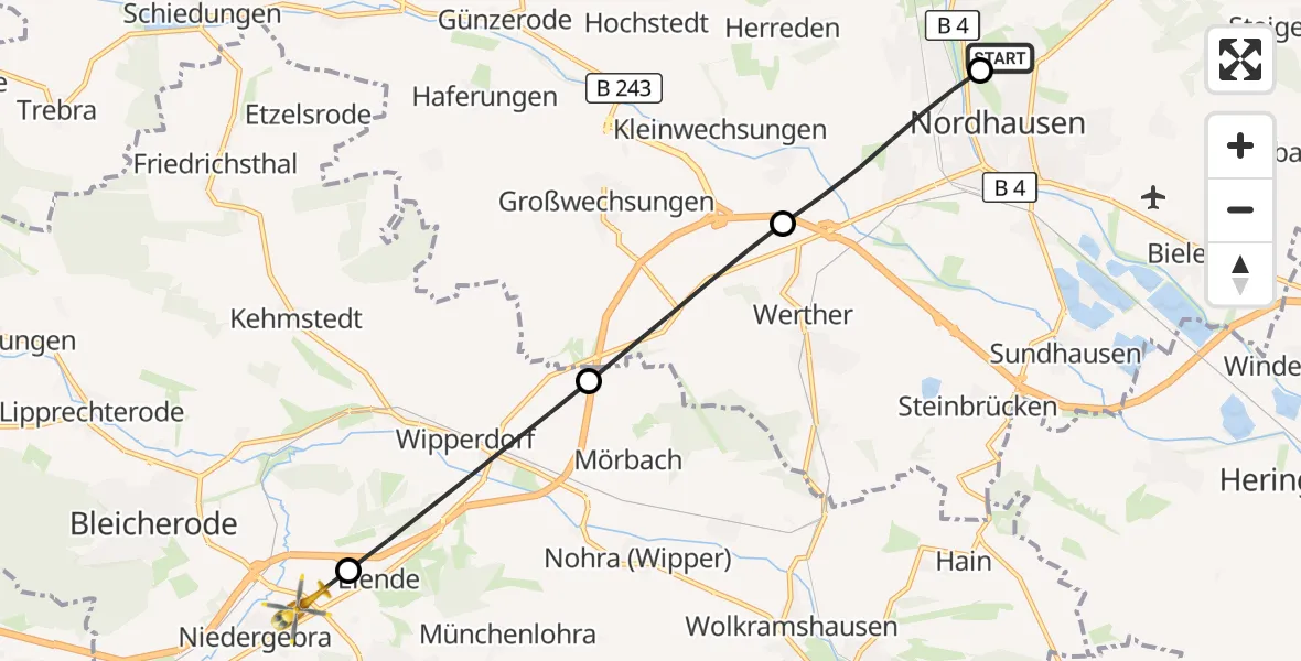 Flugroute Rettungshubschrauber Südharz Hospital Nordhausen - Niedergebra, 12 September 2026, 17:29