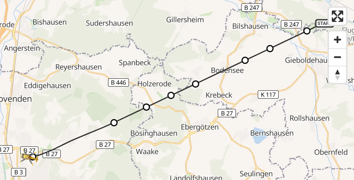 Flugroute Rettungshubschrauber Hattorf am Harz - Göttingen University Clinic Hubschrauberlandeplatz, 12 September 2026, 17:39