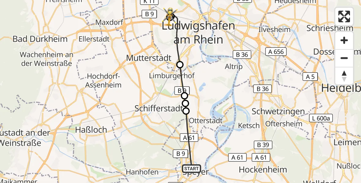 Flugroute Rettungshubschrauber Speyer - Ludwigshafen Accident Hospital, 12 September 2026, 17:41
