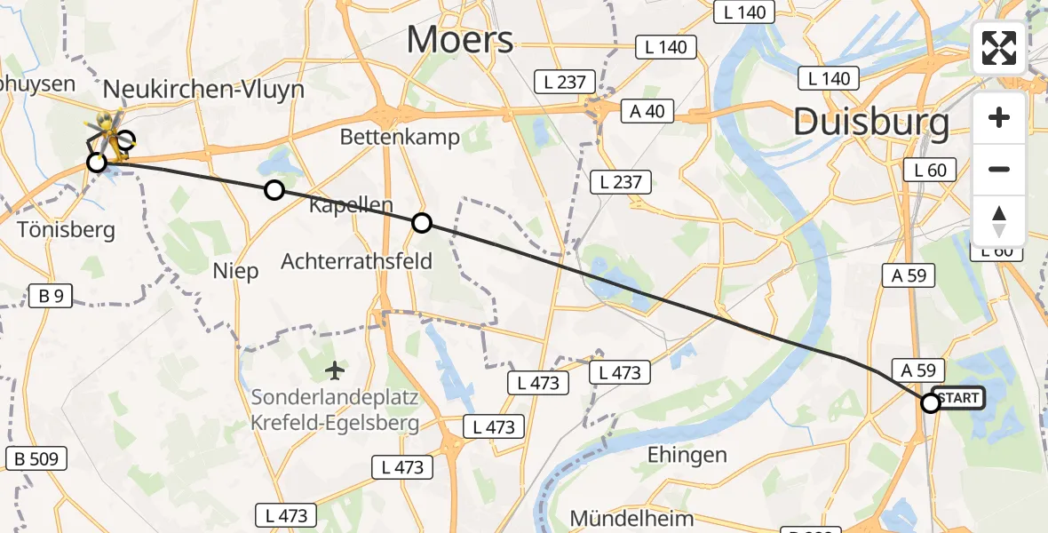Flugroute Rettungshubschrauber Duisburg Air Rescue Hubschrauberlandeplatz (Christoph 9) - Neukirchen-Vluyn, 12 September 2026, 17:46