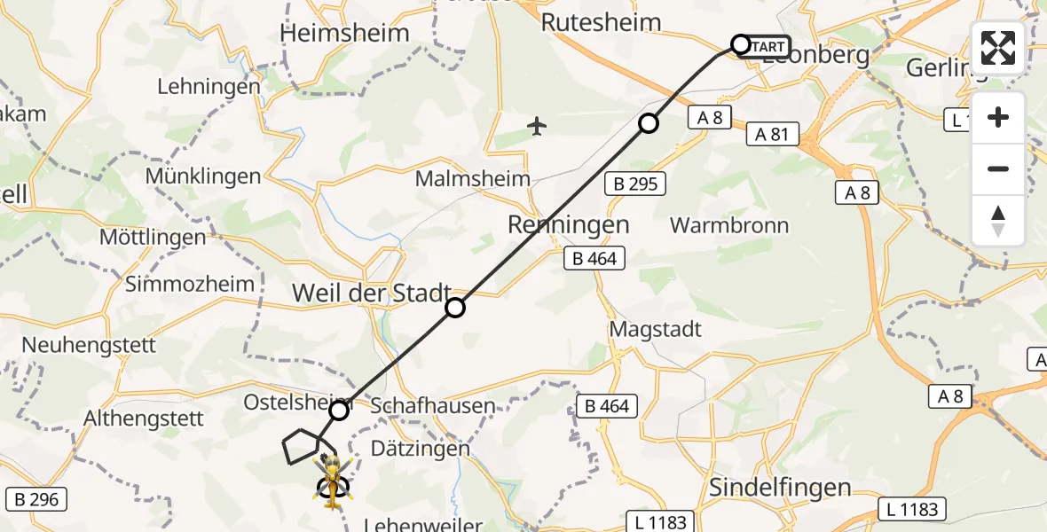 Flugroute Rettungshubschrauber Leonberg Hospital - Ostelsheim, 12 September 2026, 17:50
