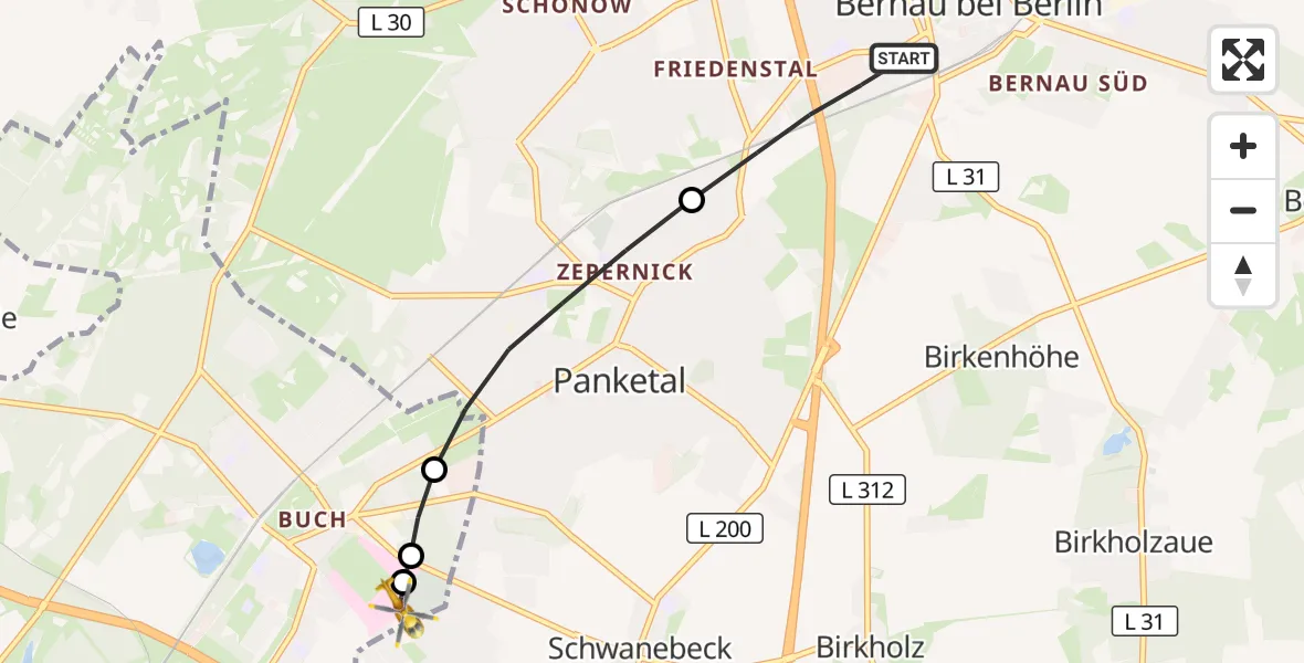 Flugroute Rettungshubschrauber Bernau bei Berlin - Helios Clinic Berlin-Buch, 12 September 2026, 18:07