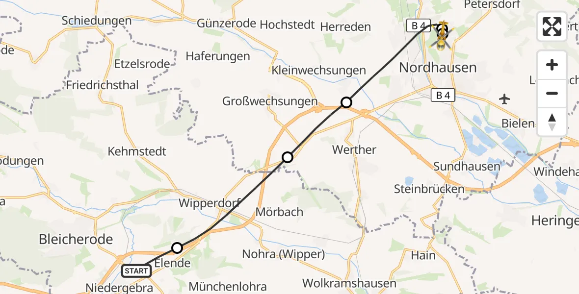 Flugroute Rettungshubschrauber Niedergebra - Südharz Hospital Nordhausen, 12 September 2026, 18:12