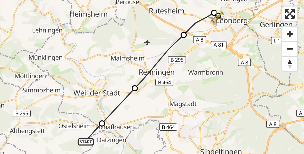 Flugroute Rettungshubschrauber Ostelsheim - Leonberg Hospital, 12 September 2026, 18:32