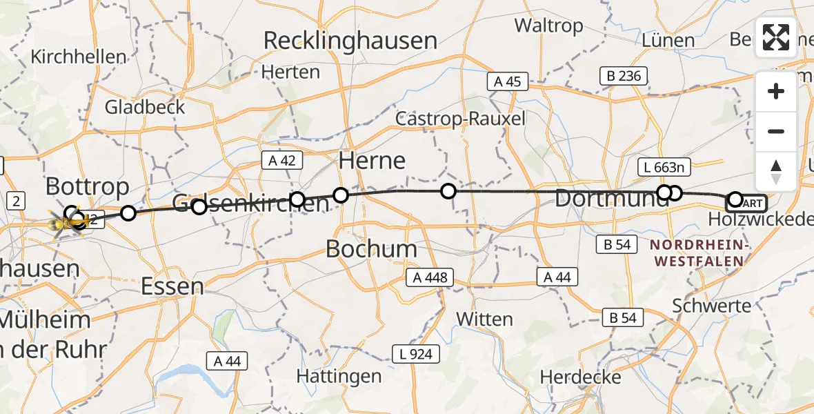 Flugroute Rettungshubschrauber Dortmund Flughafen - Oberhausen, 12 September 2026, 19:19