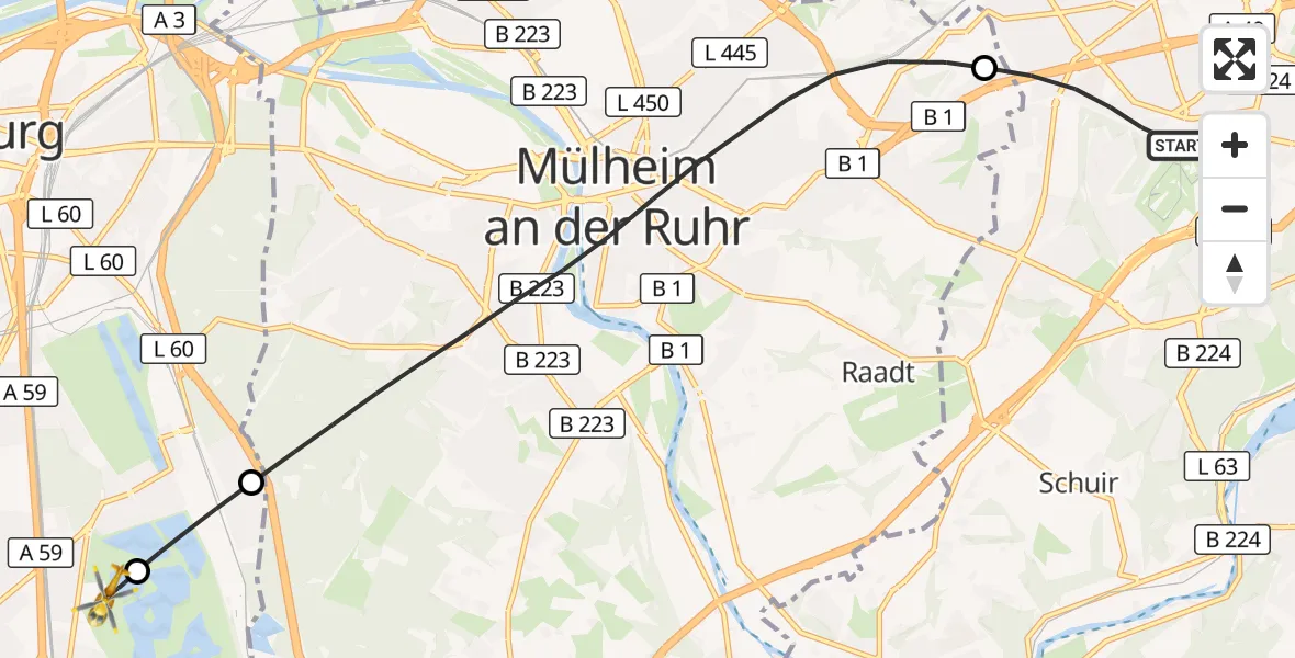 Flugroute Rettungshubschrauber Essen - Duisburg Air Rescue Hubschrauberlandeplatz (Christoph 9), 12 September 2026, 19:20