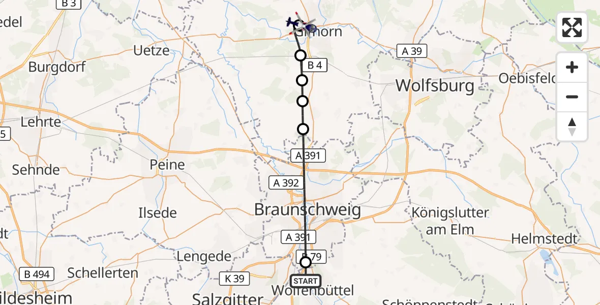 Flugroute Polizeihubschrauber Wolfenbüttel - Gifhorn Bundespolizei Hubschrauberlandeplatz, 12 September 2026, 19:43
