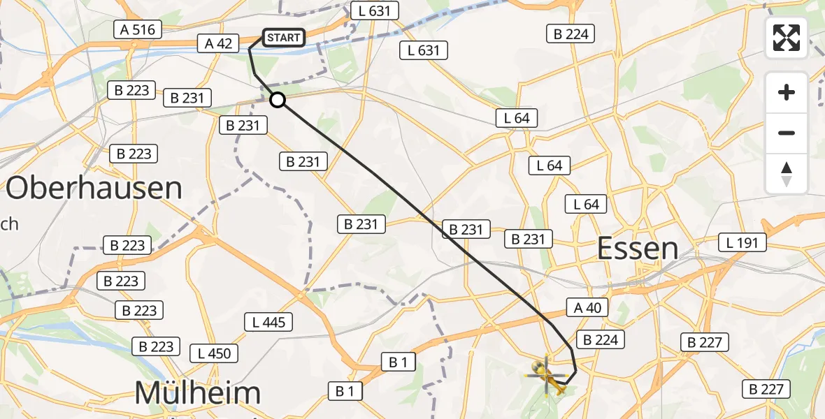 Flugroute Rettungshubschrauber Oberhausen - Essen, 12 September 2026, 19:59