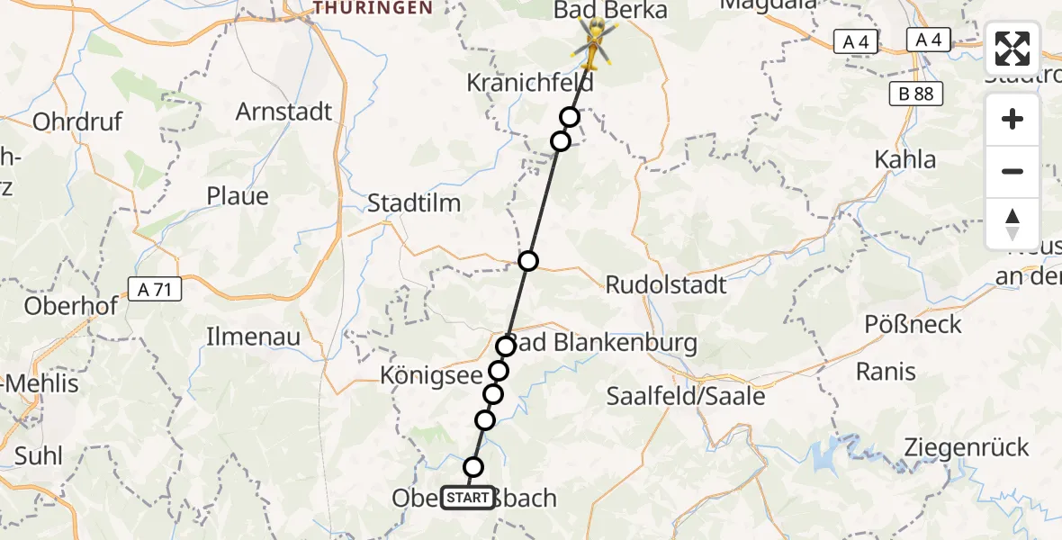 Flugroute Rettungshubschrauber Schwarzatal - Bad Berka, 12 September 2026, 20:12