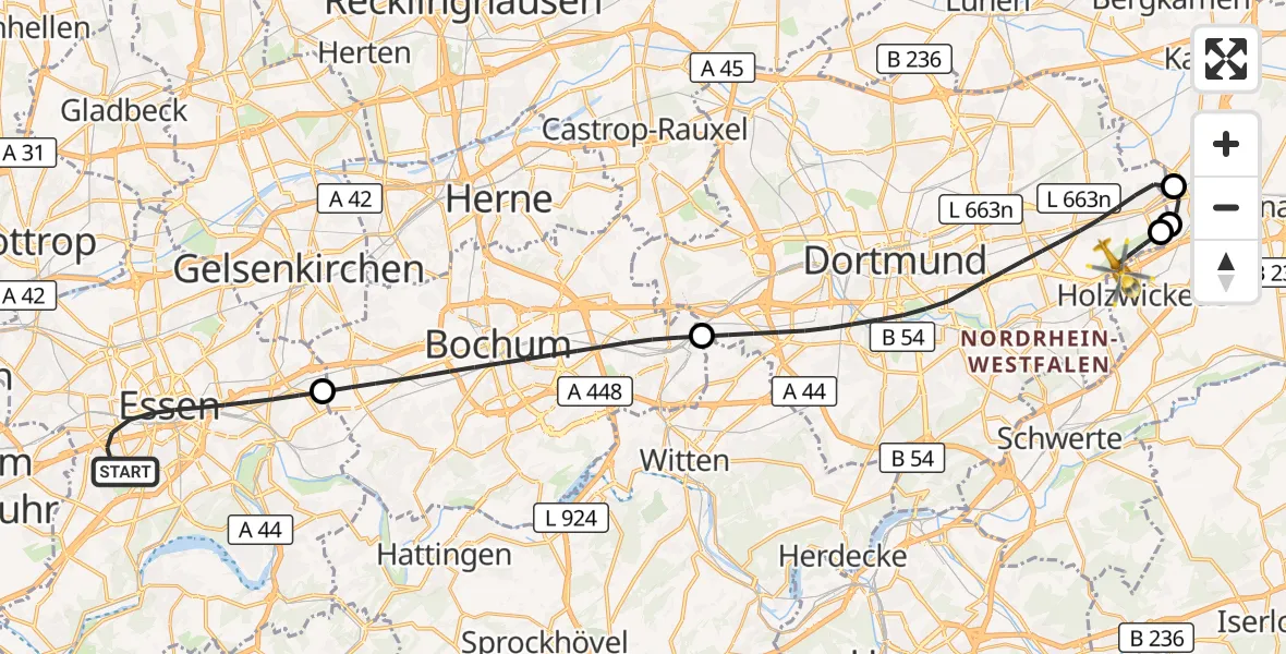 Flugroute Rettungshubschrauber Essen - Dortmund Flughafen, 12 September 2026, 21:00