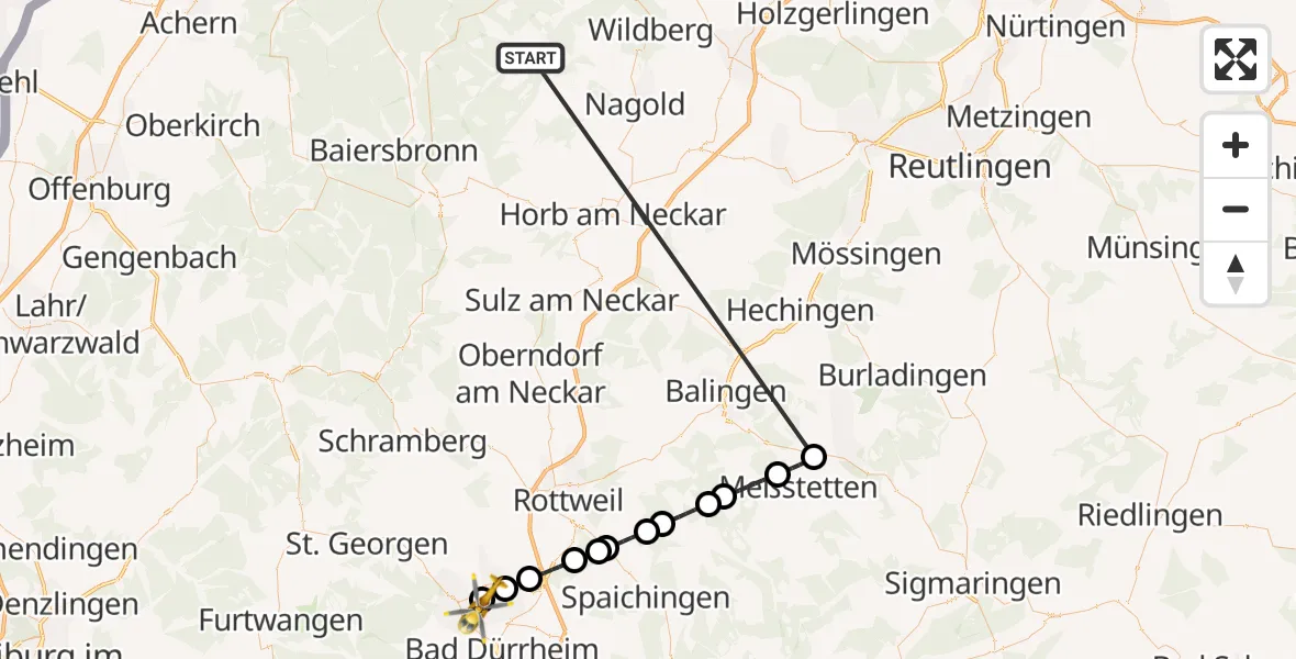 Flugroute Ambulanzhubschrauber Altensteig - DRF Air Rescue Station Villingen-Schwenningen Hubschrauberlandeplatz (Christoph 11), 12 September 2026, 21:40