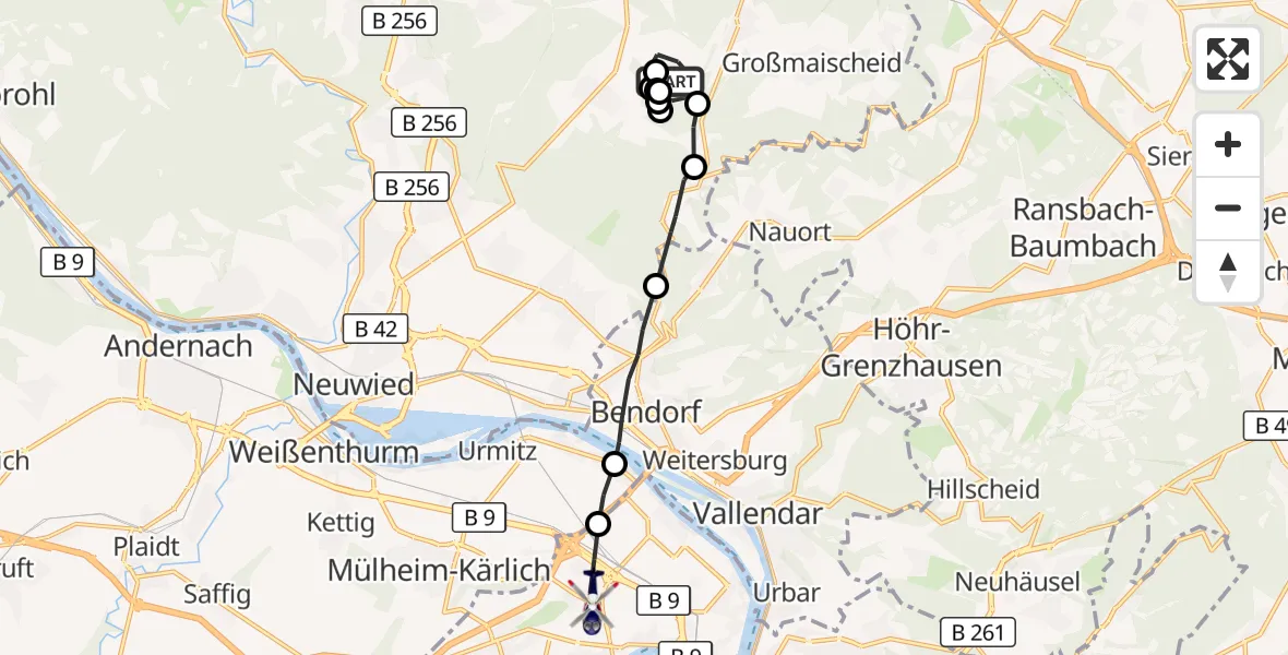 Flugroute Polizeihubschrauber Thalhausen - Koblenz, 12 September 2026, 22:04