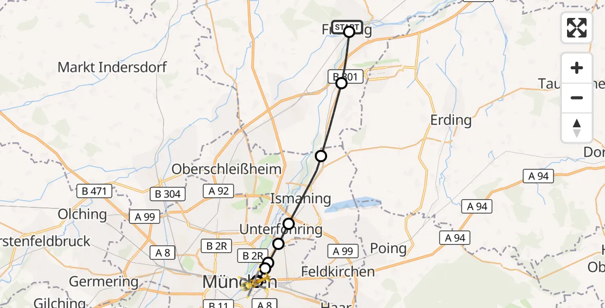 Flugroute Rettungshubschrauber Freising Clinic Hubschrauberlandeplatz - Rechts der Isar University Hospital, 12 September 2026, 22:28