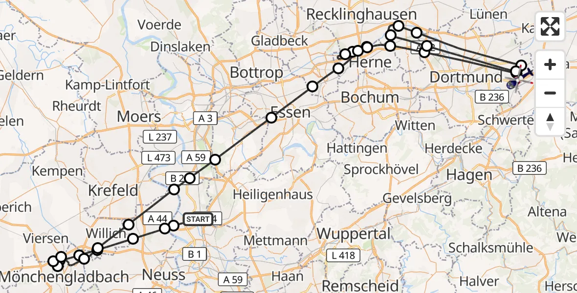 Flugroute Polizeihubschrauber Düsseldorf Flughafen - Dortmund Flughafen, 12 September 2026, 22:31