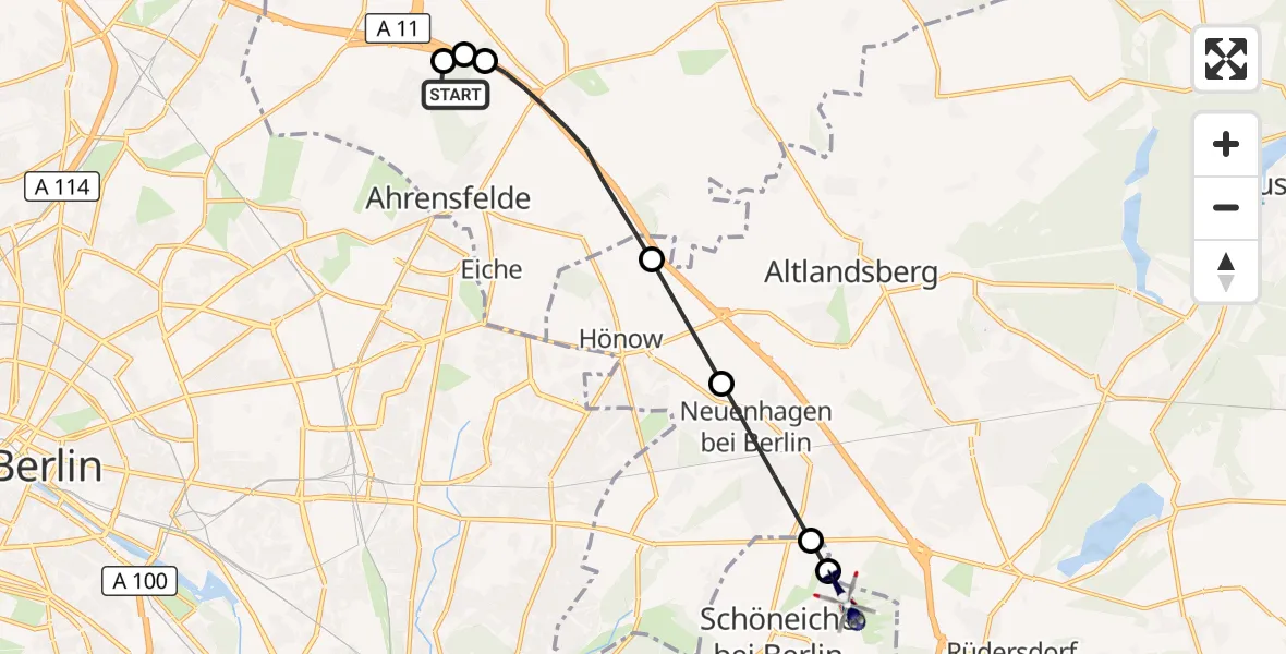 Flugroute Polizeihubschrauber Ahrensfelde Hubschrauberlandeplatz - Schöneiche bei Berlin, 12 September 2026, 22:56