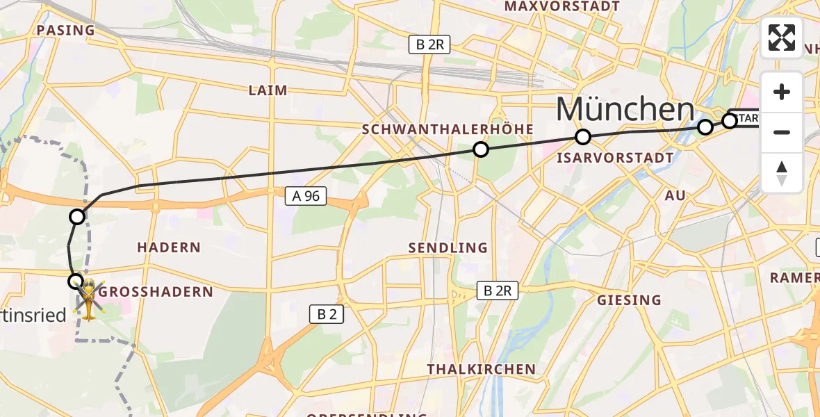 Flugroute Rettungshubschrauber Rechts der Isar University Hospital - DRF Air Rescue München Hubschrauberlandeplatz, 12 September 2026, 22:58