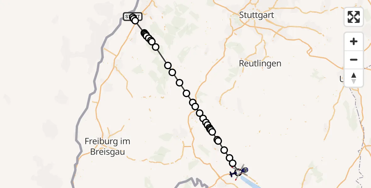 Flugroute Polizeihubschrauber Karlsruhe Baden-Baden Flughafen - Stockach, 13 September 2026, 01:05