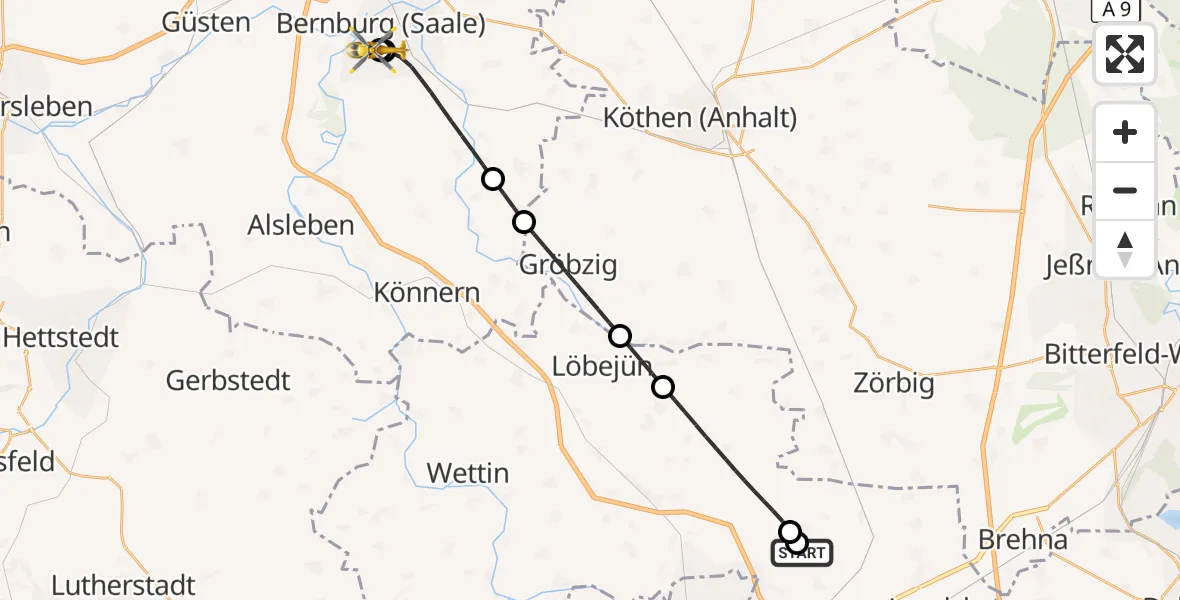 Flugroute Rettungshubschrauber Halle-Oppin Flugplatz - AMEOS Hospital Bernburg, 13 September 2026, 01:46