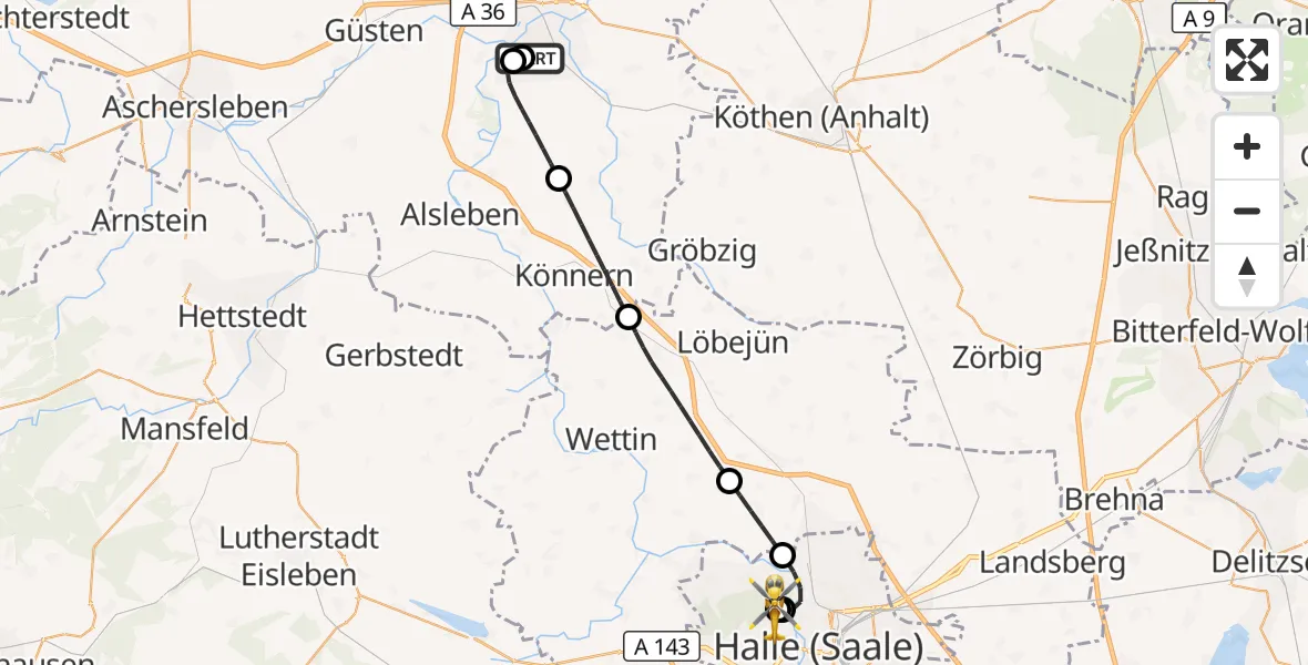 Flugroute Rettungshubschrauber AMEOS Hospital Bernburg - Halle (Saale) University Hospital, 13 September 2026, 02:13