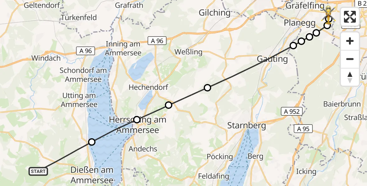 Flugroute Rettungshubschrauber Dießen am Ammersee - DRF Air Rescue München Hubschrauberlandeplatz, 13 September 2026, 02:19