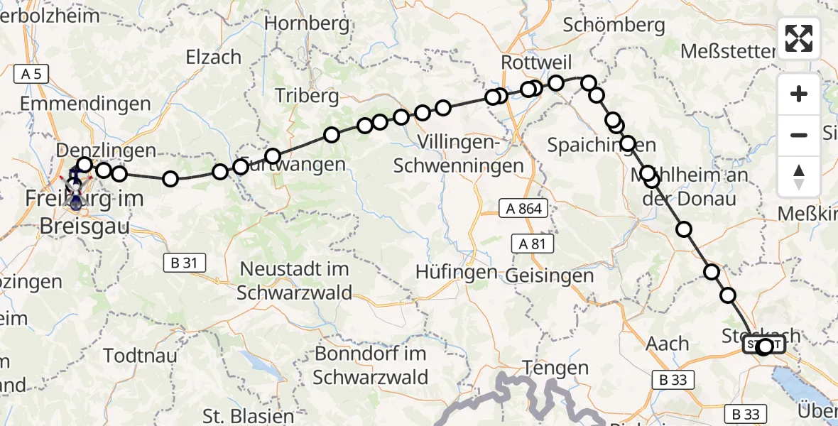 Flugroute Polizeihubschrauber Stockach - Freiburg im Breisgau Flugplatz, 13 September 2026, 02:27