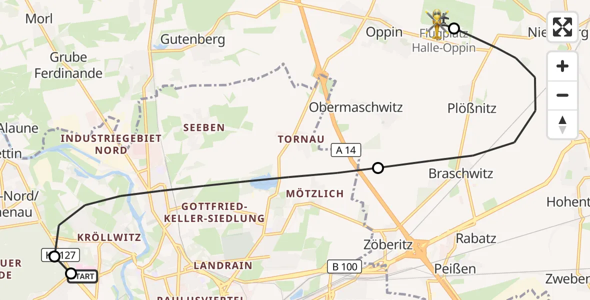 Flugroute Rettungshubschrauber Halle (Saale) University Hospital - Halle-Oppin Flugplatz, 13 September 2026, 02:42