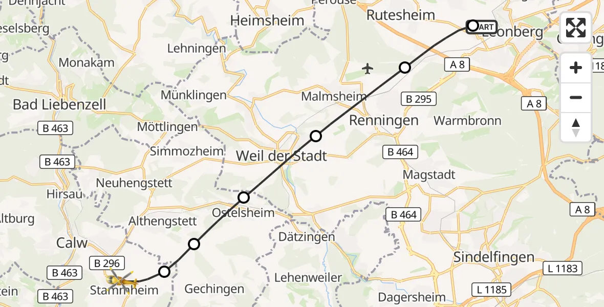 Flugroute Rettungshubschrauber Leonberg Hospital - Calw, 13 September 2026, 05:23