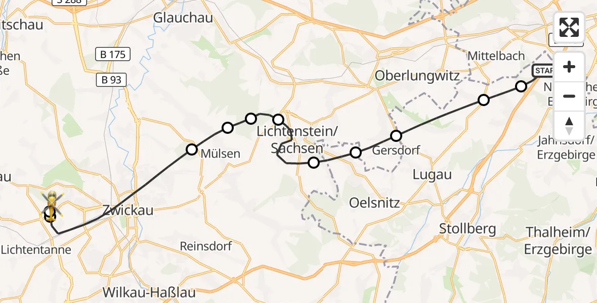 Flugroute Rettungshubschrauber Neukirchen/Erzgeb. - ADAC Air Rescue Station Zwickau Hubschrauberlandeplatz, 13 September 2026, 05:48