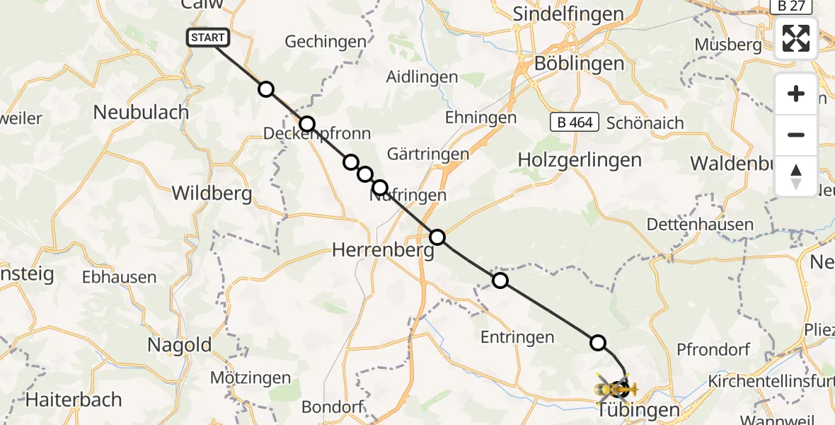 Flugroute Rettungshubschrauber Calw - Tübingen University Hospital, 13 September 2026, 05:53