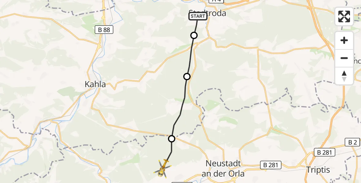 Flugroute Rettungshubschrauber Stadtroda - Lausnitz b.Neustadt an der Orla, 13 September 2026, 05:54