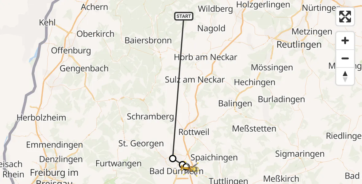 Flugroute Ambulanzhubschrauber Altensteig - Tuningen, 13 September 2026, 06:01