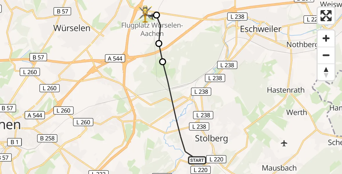 Flugroute Rettungshubschrauber Stolberg (Rhld.) - Aachen-Merzbrück Flughafen, 13 September 2026, 06:23