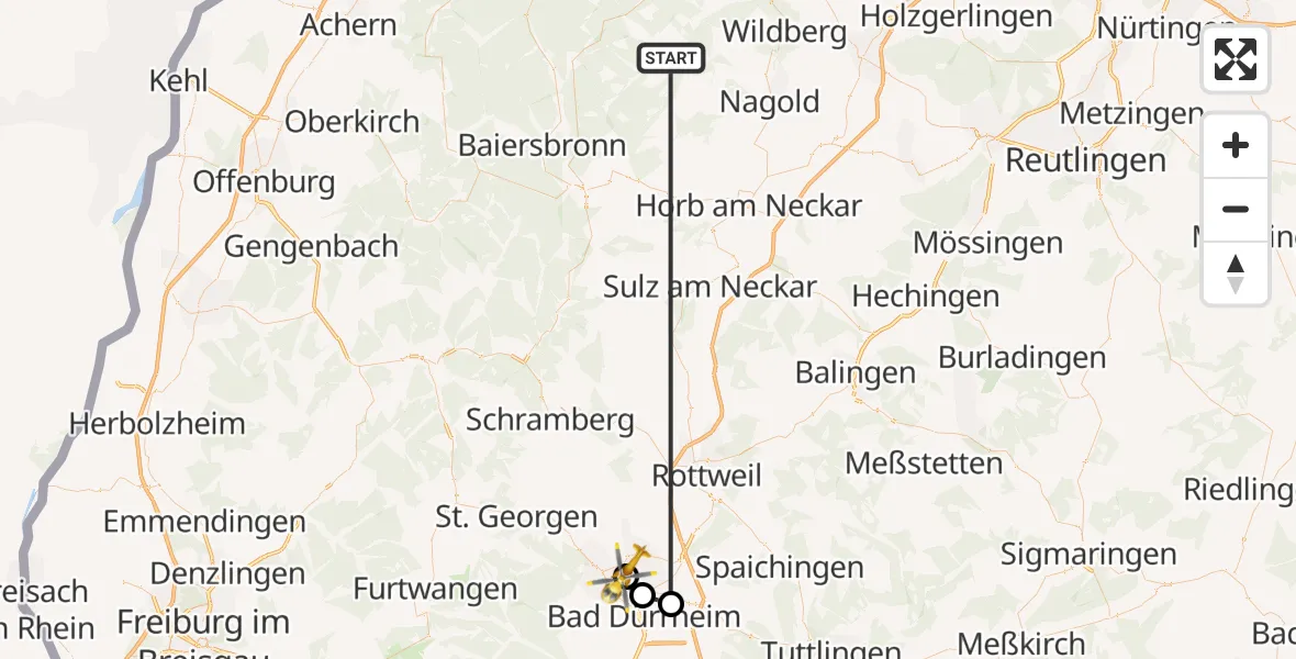 Flugroute Ambulanzhubschrauber Altensteig - DRF Air Rescue Station Villingen-Schwenningen Hubschrauberlandeplatz (Christoph 11), 13 September 2026, 06:29
