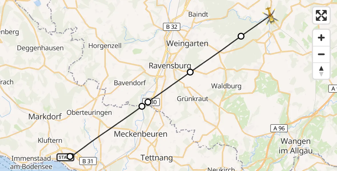 Flugroute Rettungshubschrauber Friedrichshafen Hospital - Wolfegg, 13 September 2026, 06:52