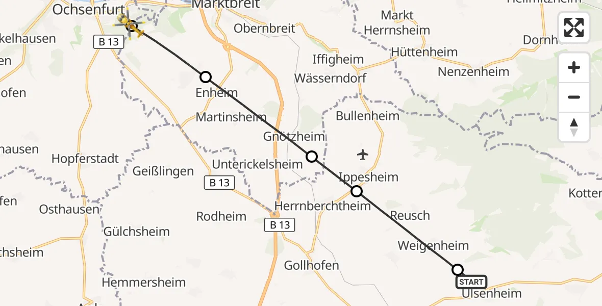 Flugroute Rettungshubschrauber Markt Nordheim - Ochsenfurt Hospital, 13 September 2026, 07:15