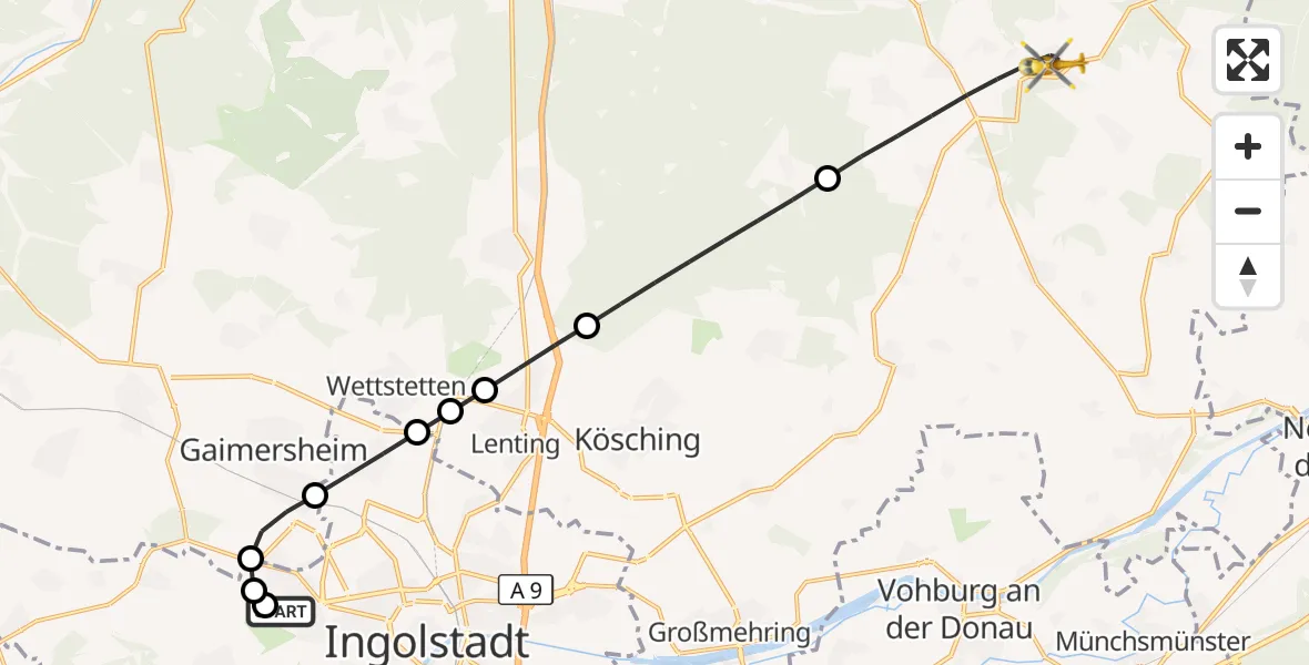 Flugroute Rettungshubschrauber Ingolstadt Hospital - Altmannstein, 13 September 2026, 07:23