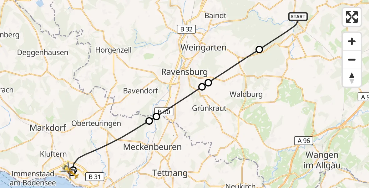 Flugroute Rettungshubschrauber Wolfegg - Friedrichshafen Hospital, 13 September 2026, 07:34
