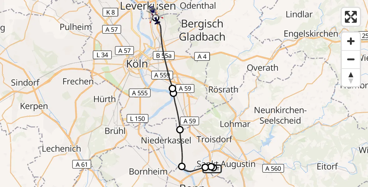 Flugroute Polizeihubschrauber Sankt Augustin - Leverkusen Flugplatz, 13 September 2026, 07:37