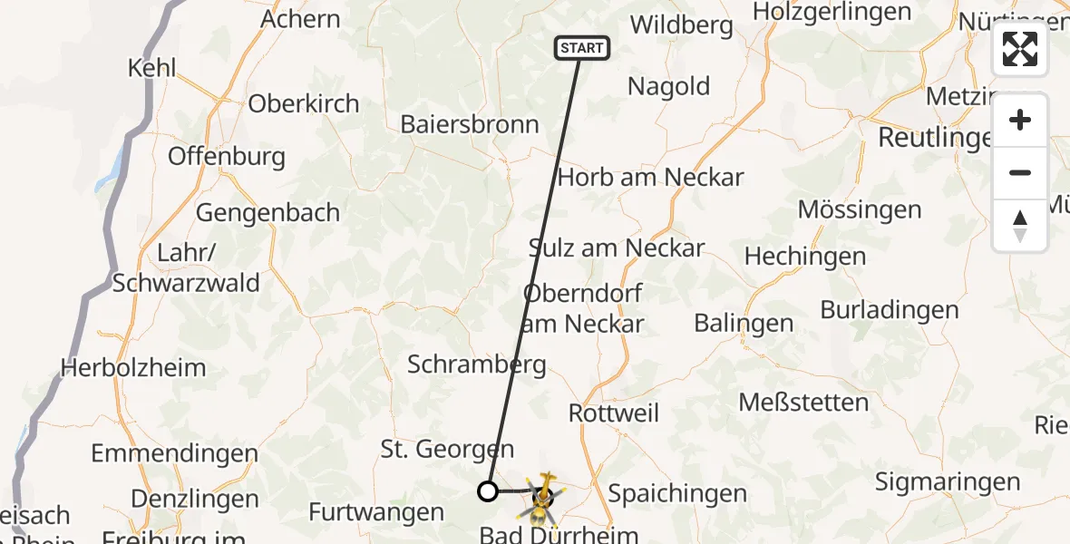Flugroute Ambulanzhubschrauber Altensteig - DRF Air Rescue Station Villingen-Schwenningen Hubschrauberlandeplatz (Christoph 11), 13 September 2026, 07:56