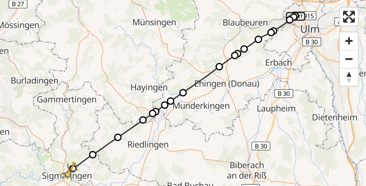 Flugroute Rettungshubschrauber Ulm Military Hospital Emergency - Sigmaringen, 13 September 2026, 07:58
