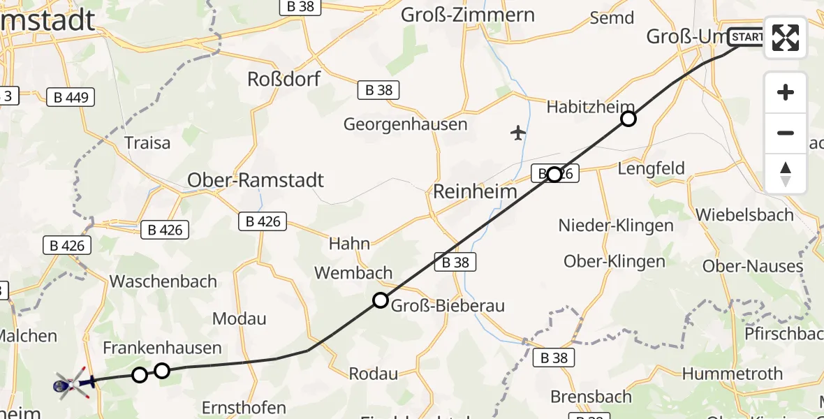 Flugroute Polizeihubschrauber Groß-Umstadt - Mühltal, 13 September 2026, 08:00