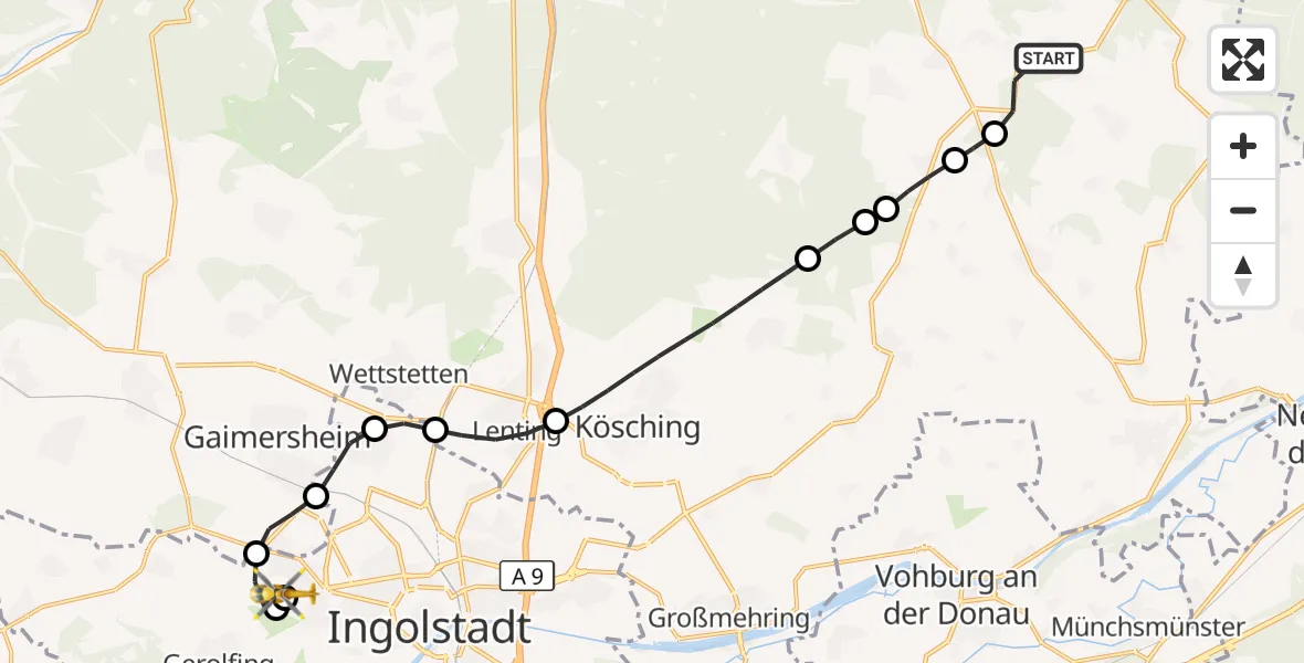 Flugroute Rettungshubschrauber Altmannstein - Ingolstadt Hospital, 13 September 2026, 08:01