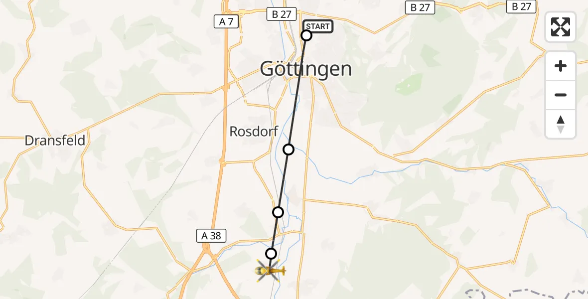 Flugroute Rettungshubschrauber Göttingen University Clinic Hubschrauberlandeplatz - Friedland, 13 September 2026, 08:02