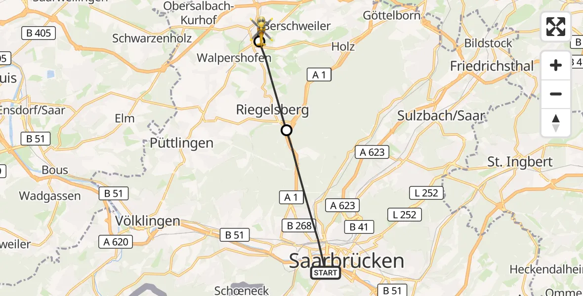Flugroute Rettungshubschrauber Saarbrücken - Heusweiler, 13 September 2026, 08:20