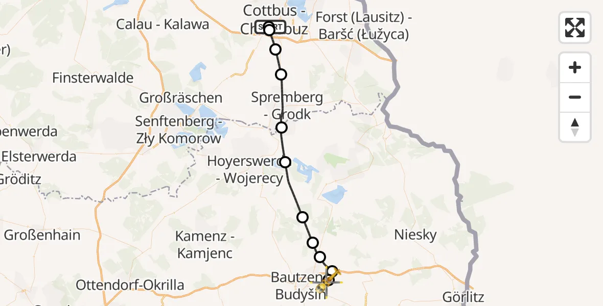 Flugroute Rettungshubschrauber Carl Thien Hospital Cottbus - Bautzen Flugplatz, 13 September 2026, 08:30