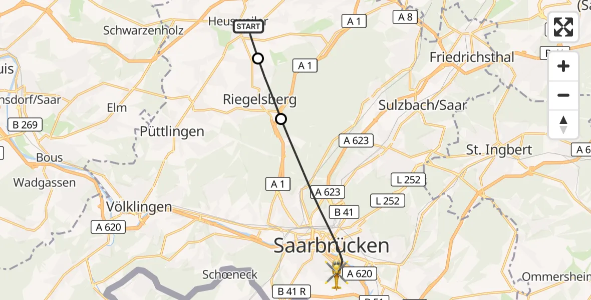 Flugroute Rettungshubschrauber Heusweiler - Saarbrücken, 13 September 2026, 08:45