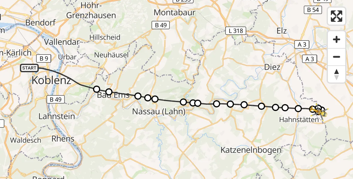 Flugroute Rettungshubschrauber Koblenz - Hünfelden, 13 September 2026, 08:55