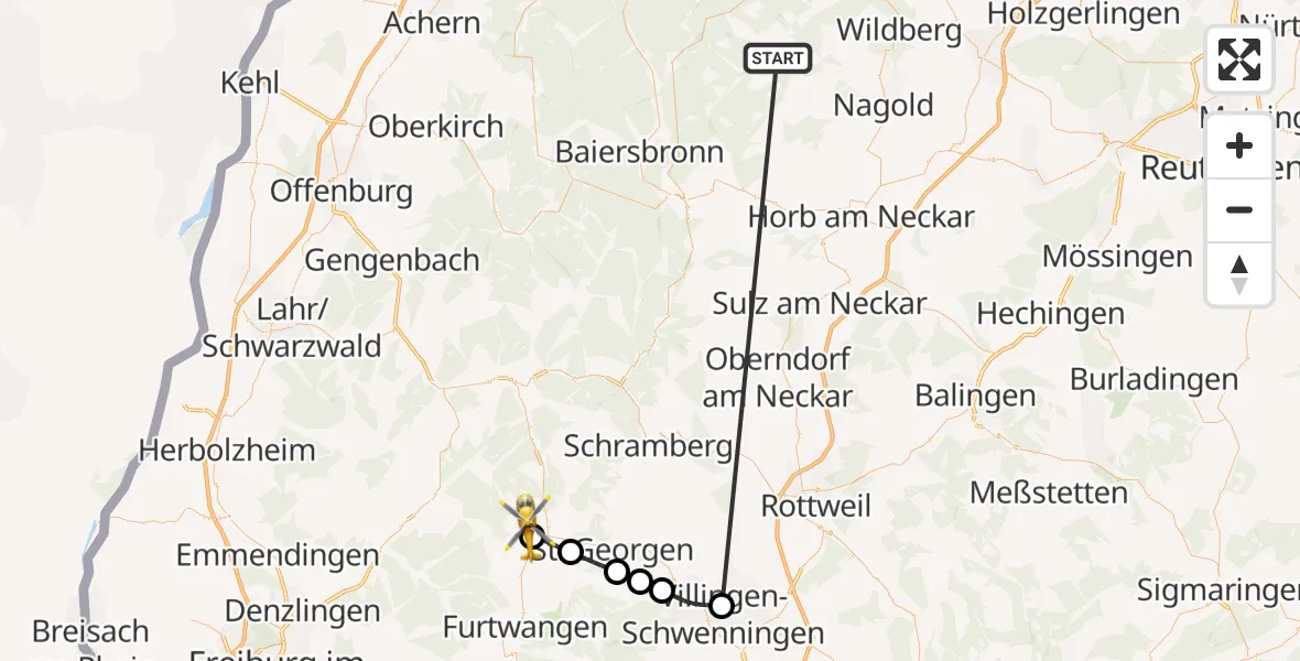 Flugroute Ambulanzhubschrauber Altensteig - Schonach im Schwarzwald, 13 September 2026, 09:00