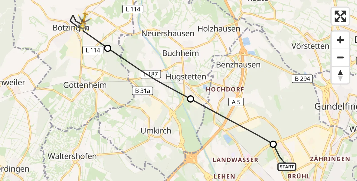 Flugroute Ambulanzhubschrauber Freiburg im Breisgau Flugplatz - Bötzingen, 13 September 2026, 09:00